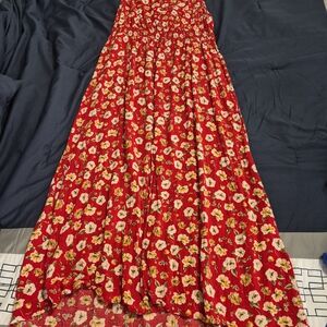 Indigo Blue Red Floral Maxi Skirt
